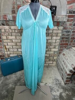 nightgown satin aqua lace V neck long